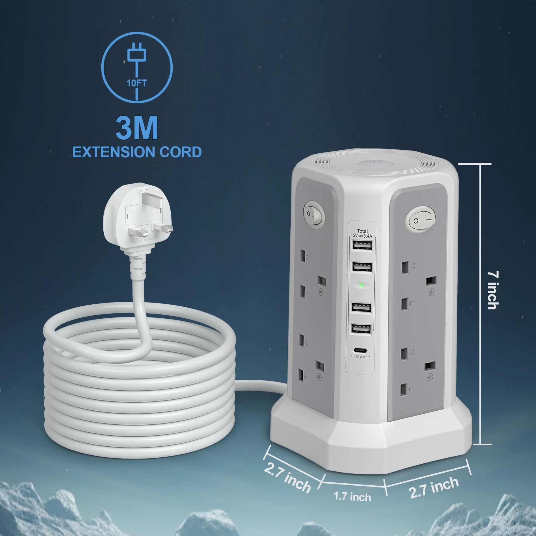 Egyetemes kongresszus Eszterga aljzat 3m kiterjesztése áram Telefonzsinór vel 5 USB ports (1 USB-C, PD20W) vel éjjeli ligh számára haza majd Hivatali székhely environments.