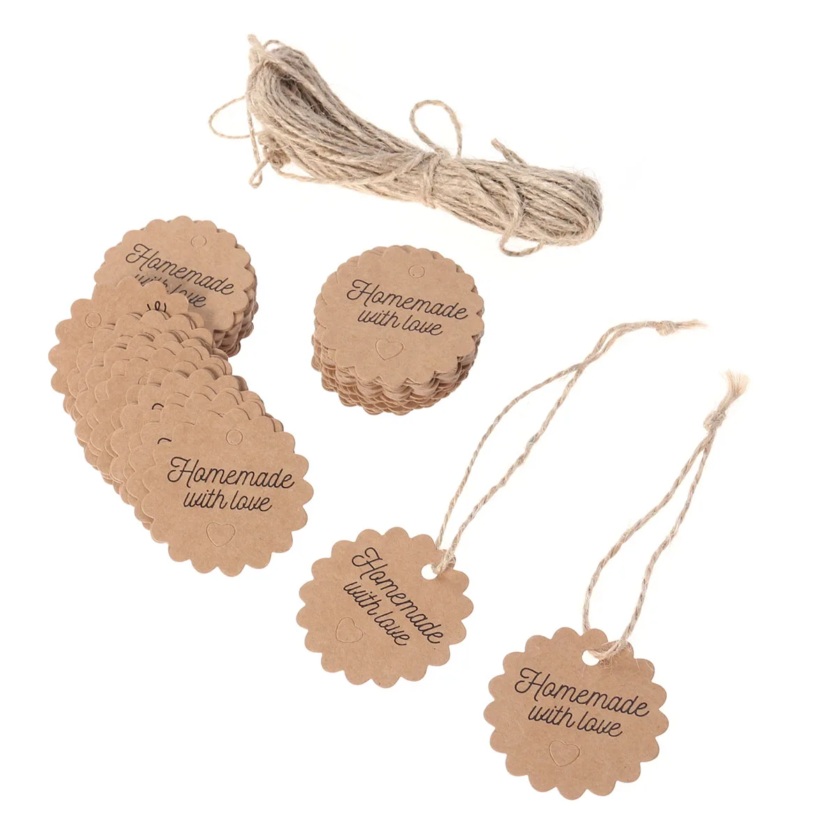 100pcs Kraft Paper Tags with Strings Gift Favors Baking Food Package Tags Hanging Labels (Circle, 5x5cm)