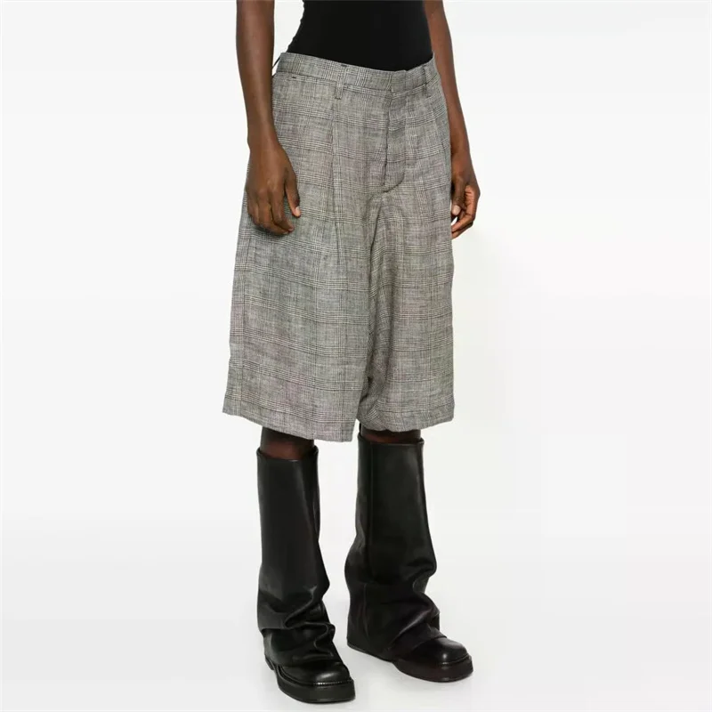 

Women's shorts 2025 Summer New Low Waist Loose 5-point Pants High quality linen blended houndstooth shorts knee length shorts