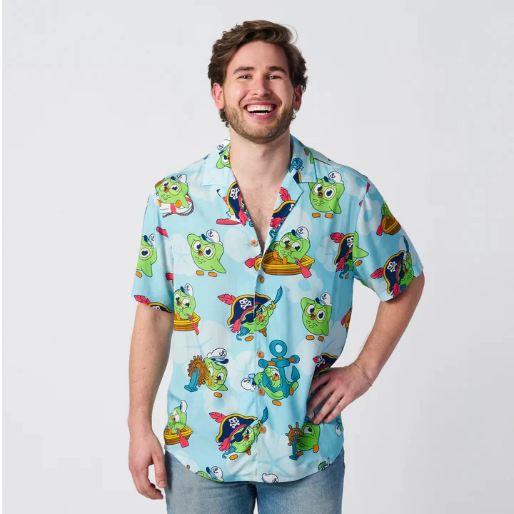 

Duolingo Owl Shirts Men Cartoon Bird Pirate Print Shirt Casual Short Sleeve Hawaiian Shirt Lightweight Breathable Beach Top