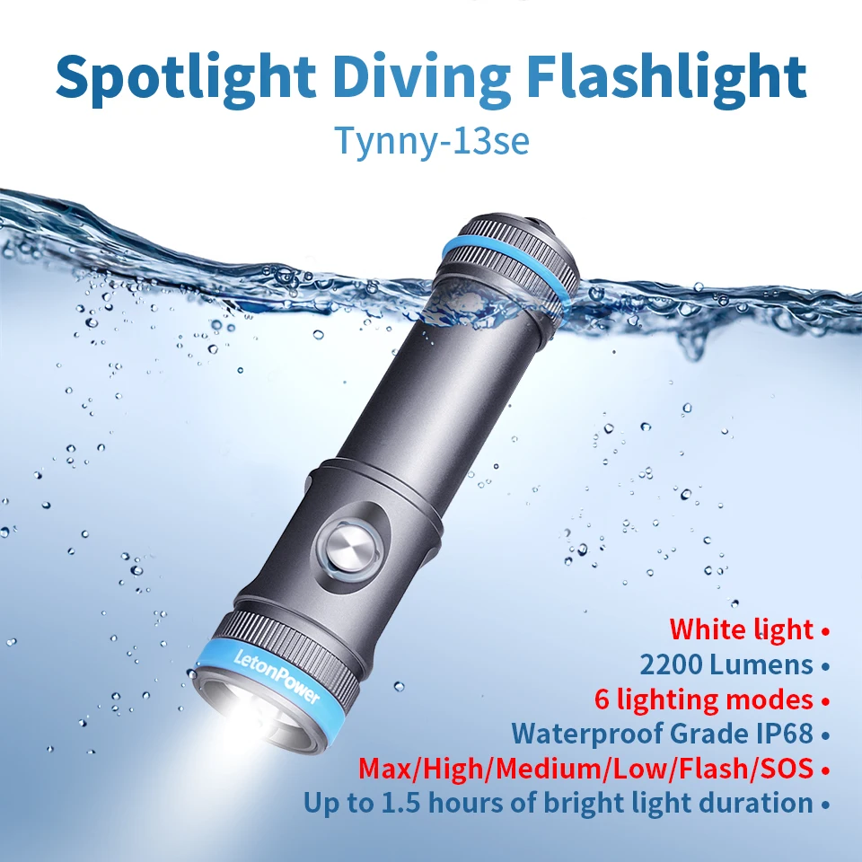 Tynny 2200 Lumens Professional Dive Light IP68 Waterproof 328FT/100M Underwater Flashlight with 6 Modes USB-C Charging for Scuba Diving Underwater Photography