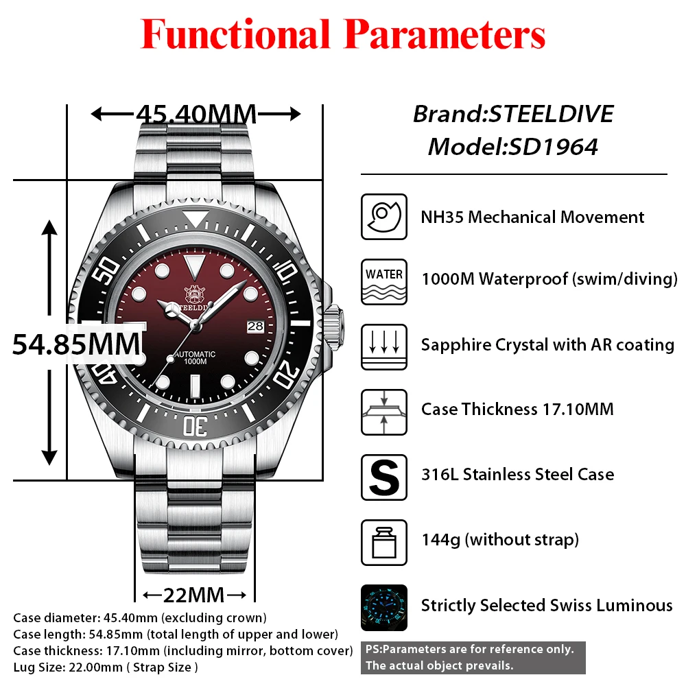 SD1964 STEELDIVE 1000M Waterproof 45.4MM Big Water Ghost Watch For Men Super BGW9 Blue Luminous Dive Watch with Valve