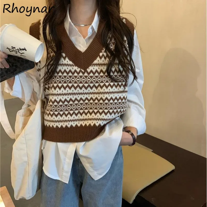 

Sweater Vests Women Autumn Korean Clothing Layering Striped Retro Sleeveless V-neck Tops Loose Fit All-match Casual Trendy Cozy