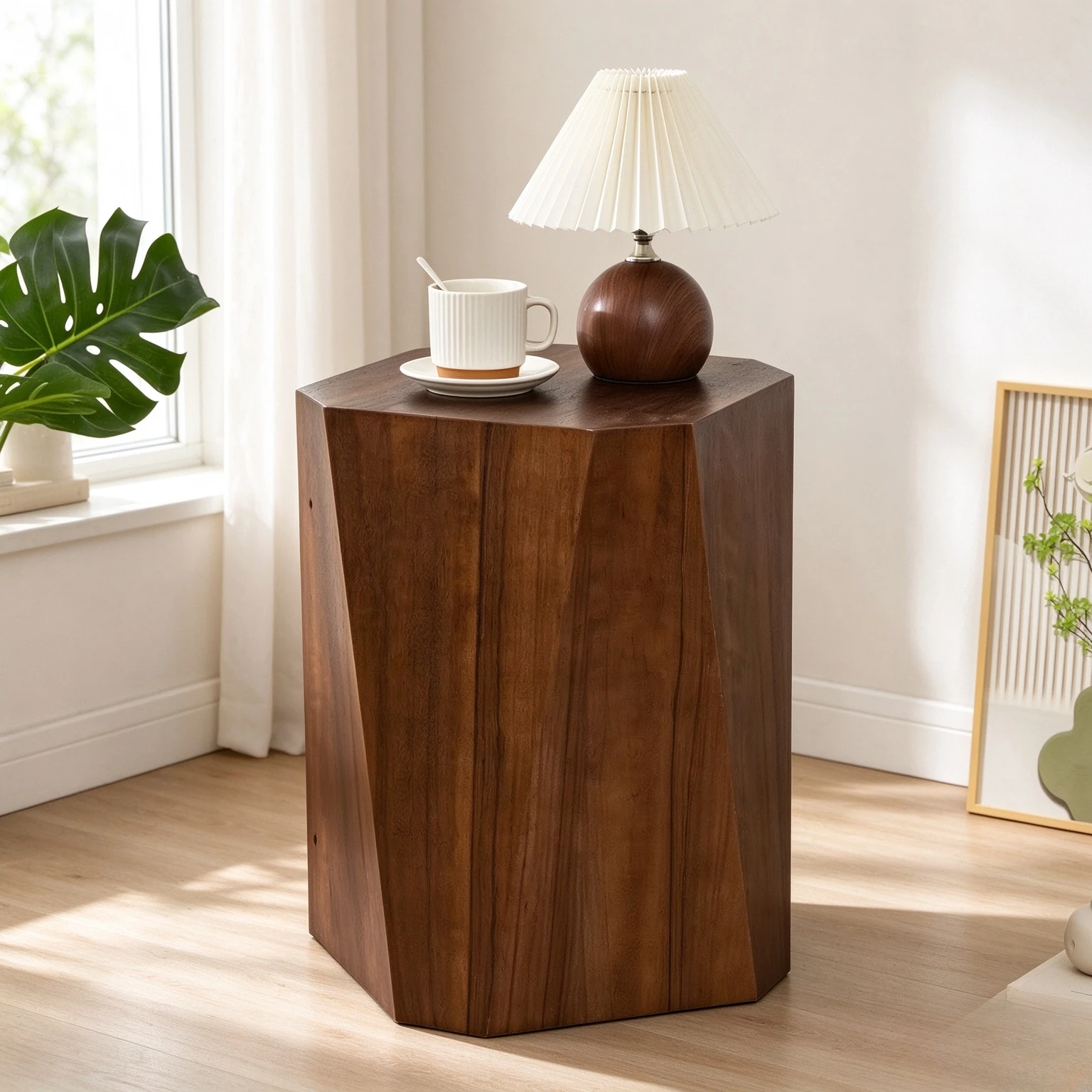 Nordic Solid Wood Octagonal Side Table, Coffee Table Nightstand and Plant Stand for Bedroom, Living Room and Small Apartment