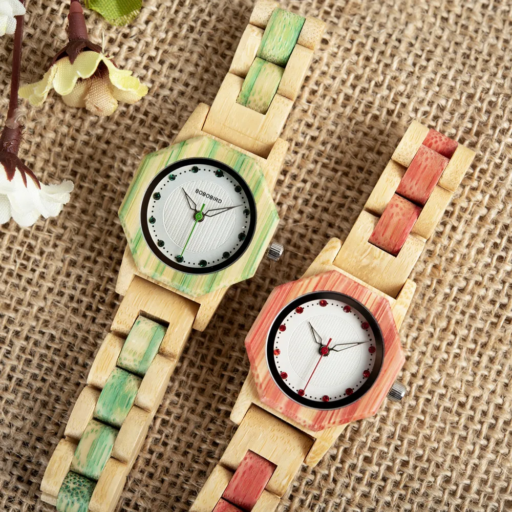 

BOBO BIRD V-O11/O12 Women Bamboo Wood Quartz Watch Hexagonall Case with Dimond Women's Luxury Watch