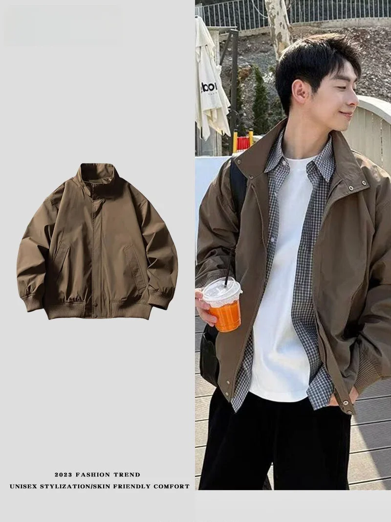 

Retro Japanese Sle Loose Fit Jaet Pure Color Stand Collar ex Couples Faion Workwear Coat for Men And Women