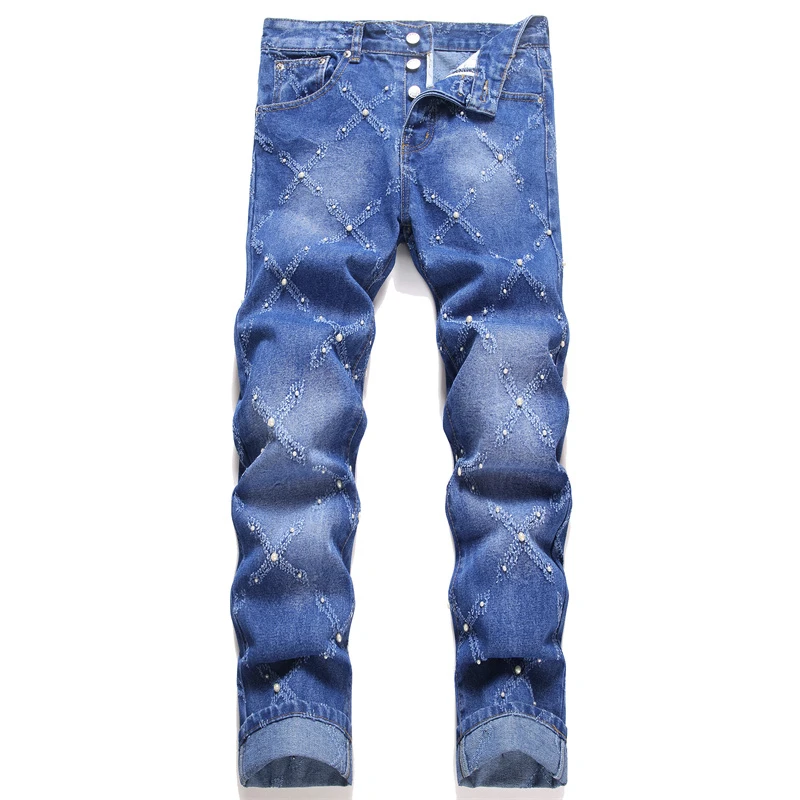 

Мужские джинсовые джинсы с жемчугом, уличная одежда, рваные брюки с пуговицами в стиле панк, неэластичные синие хлопковые свободные прямые брюки