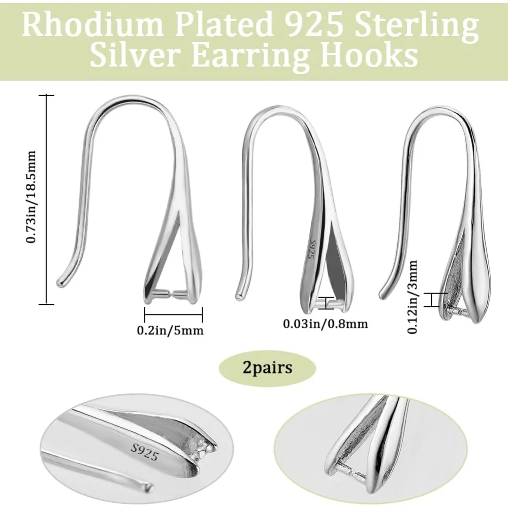 2 Pairs Ear Wires Earring Hooks Rhodium Plated 925 Sterling Silver 18.5mm Earring Hooks with Pinch Bails for making kit