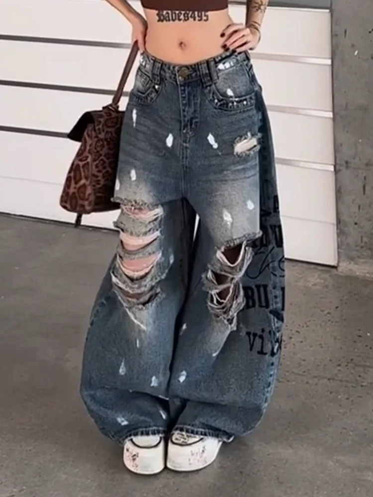 

Ретро-джинсы в американском стиле с эффектом потертости и брызгами чернил, женские летние джинсы с принтом в виде букв, широкие брюки в пол