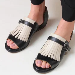 Women's Sandal Peep Toe Tassel Sandal Pu Leather Flat Heel Women's Shoes Buckle Beach Sandals For Women