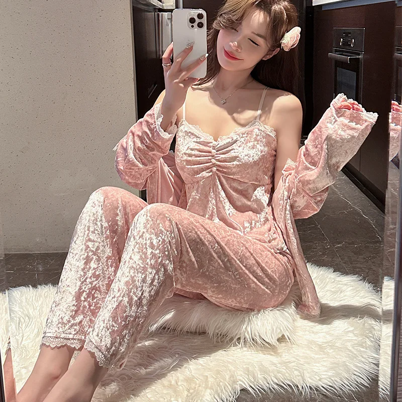 Pink Velour Lace Pajamas Set Autumn 3PCS Pijamas Suit Women Velvet Sleepwear Spring Long Sleeve Nightwear Home Clothes