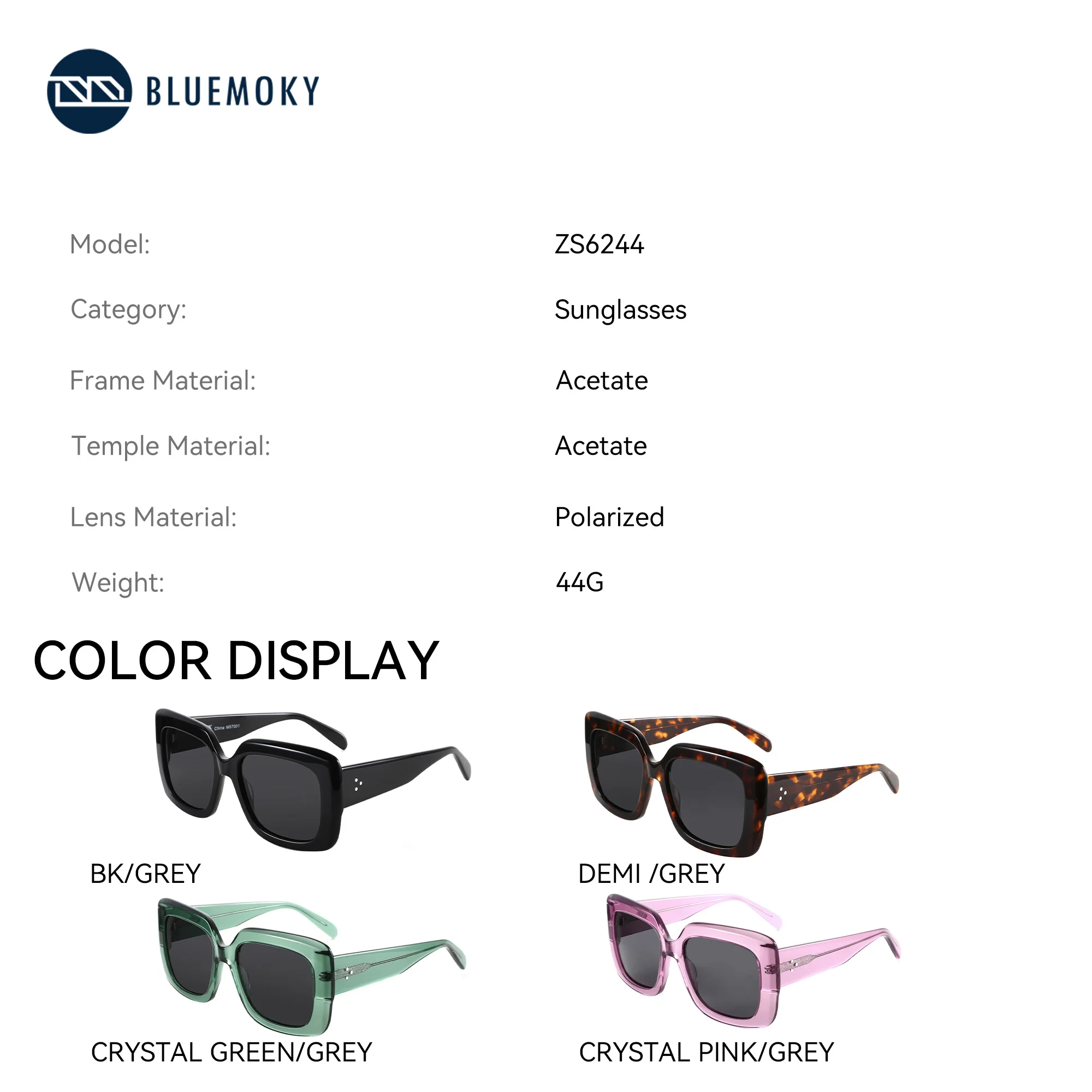 BLUEMOKY  Handmade Acetate Prescription Sunglasses 2025 New UV400 Square Women Polarized Sungshades ZS6244