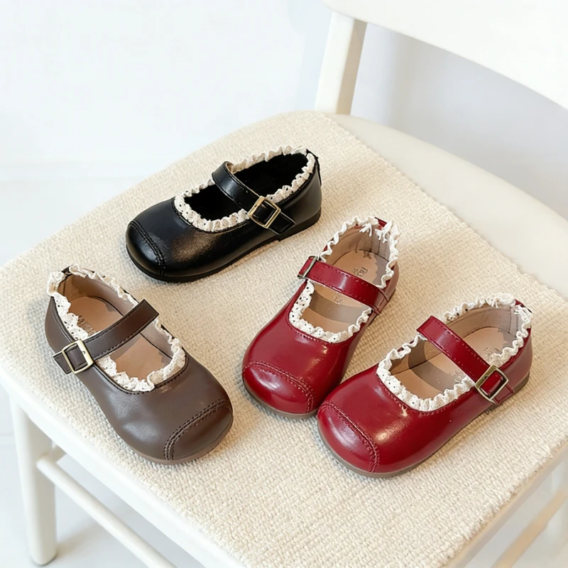 New Spring Autumn Girls Ballet Mary Jane Shoes Sweet Ruffled Edge Children's Causal Leather Shoes Kids Princess Dress Flat Shoes