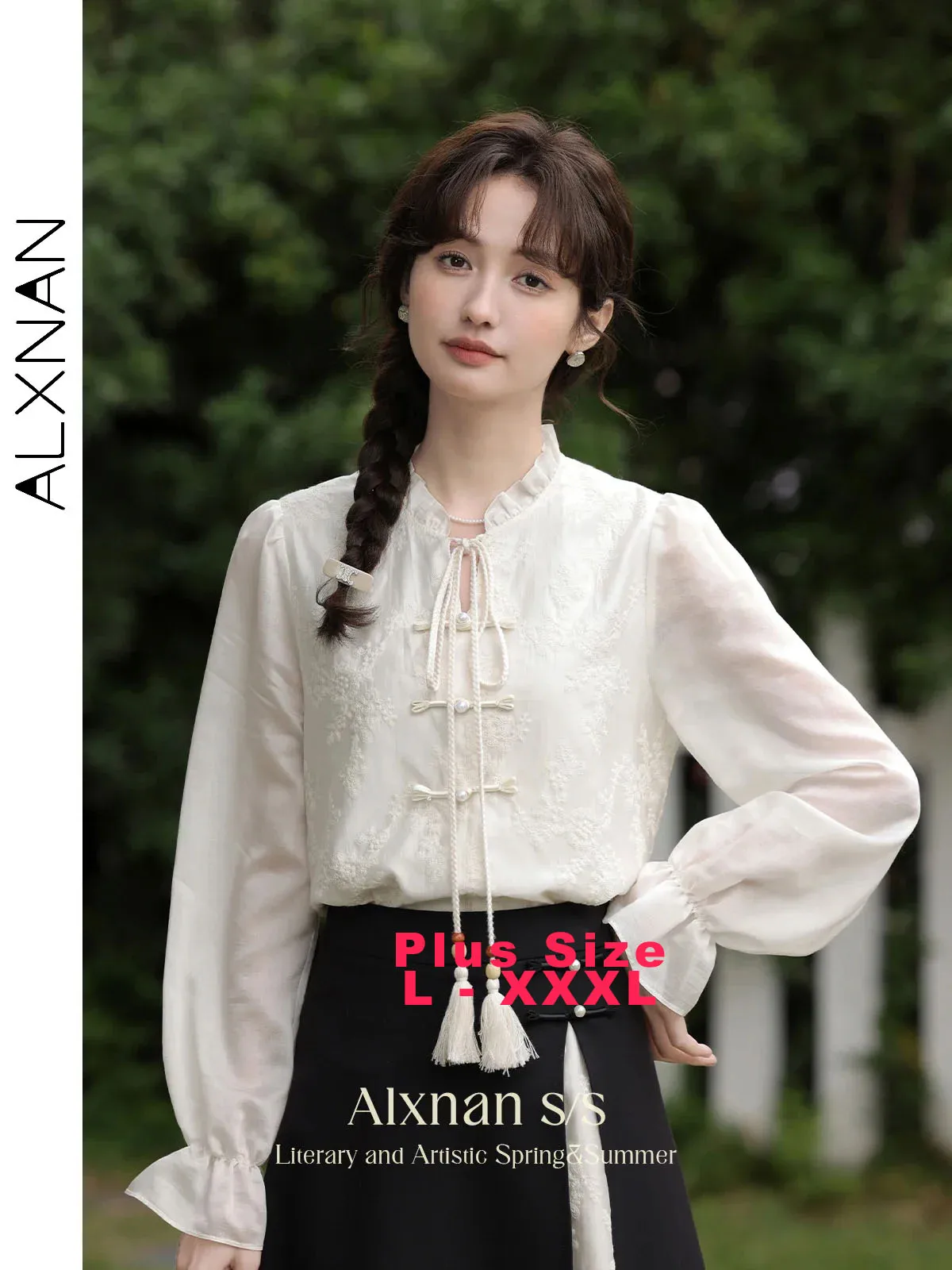 

ALXNAN Plus Size Shirt Chinese Style Ruffle Collar Blouses 2025 Fall Elegant Embroidered Lace-up Long Sleeve Tops Ladies D01801