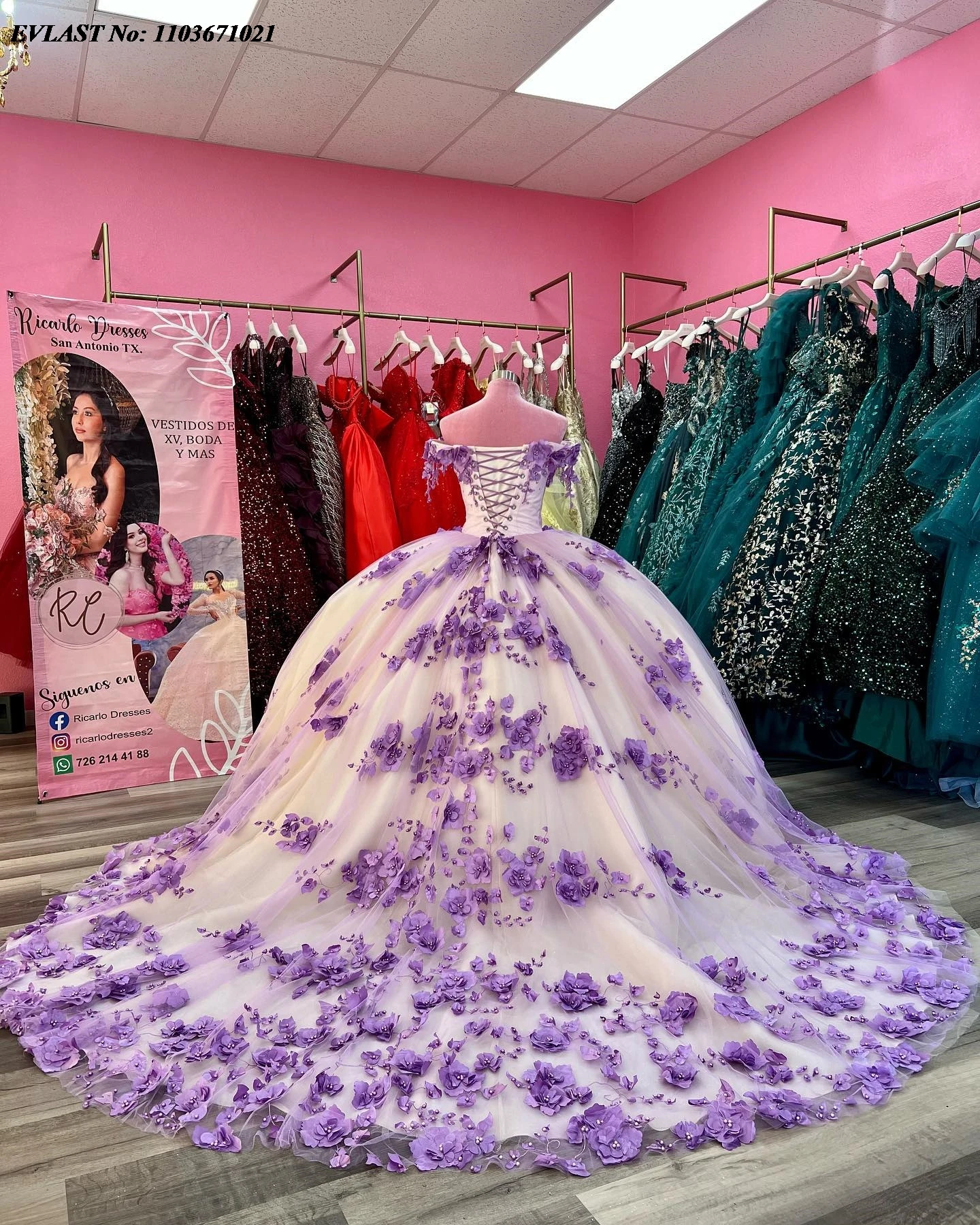 EVLAST-Vestido Quinceanera Marfim, Vestido de Baile Mexicano, Applique Floral 3D, Espartilho De Cristal Frisado, Roxo Doce, 16, SQ362