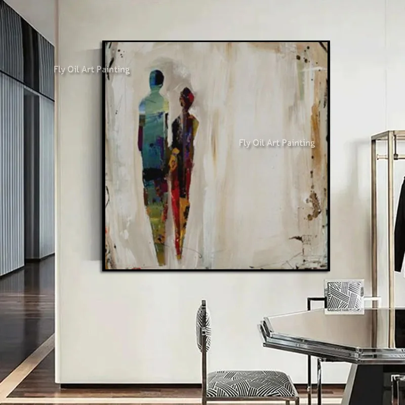 Simplism Grey Beige Abstract People Oil Painting On Canvas Large Fashional Hand Painted Yellow Black Family Wall Art Items For
