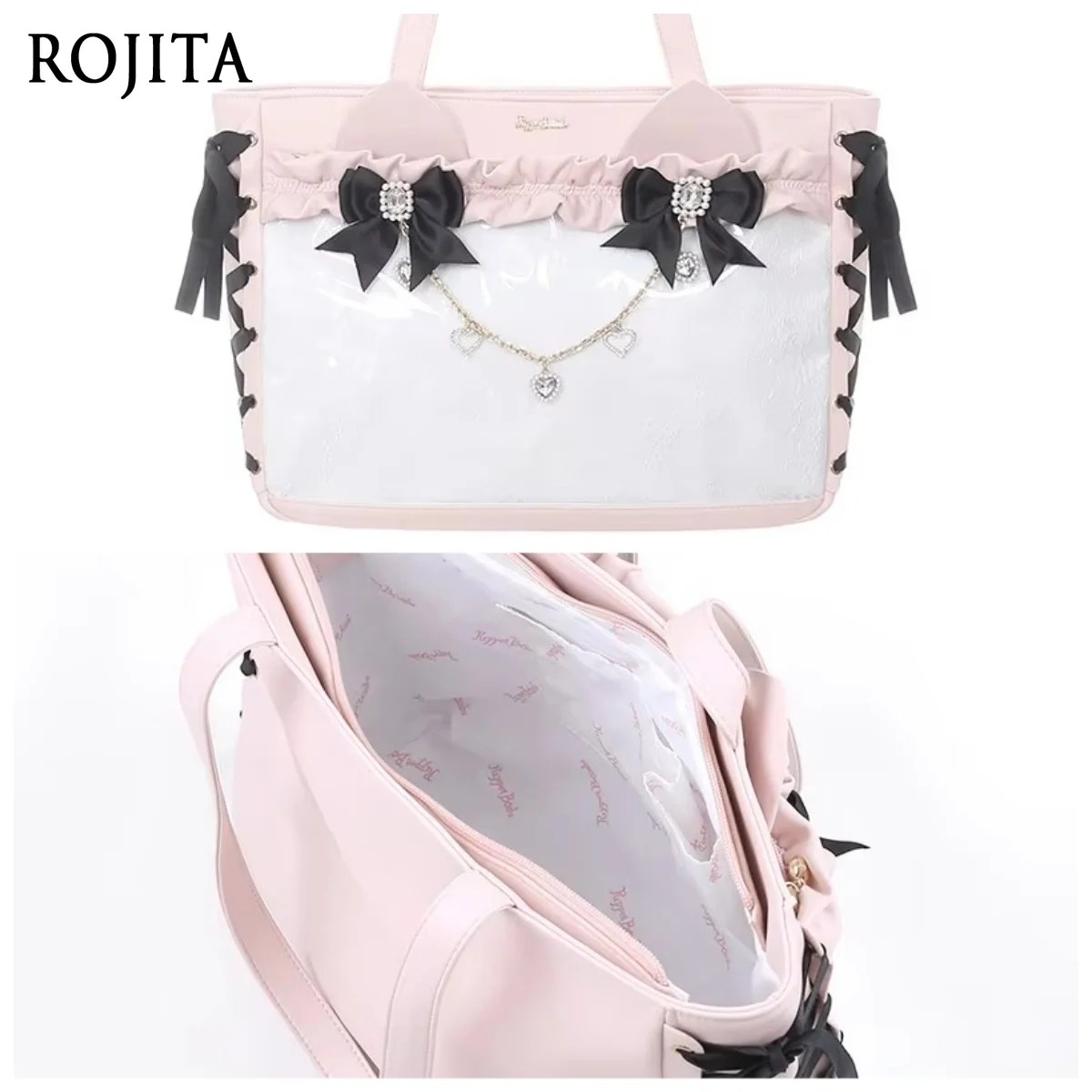 Sweet Lolita Ita Bag Large Capacity Tote Bag Cat Ear Bow Rhinestone Chain Decor Shoulder Bag for Cosplay Daily Use