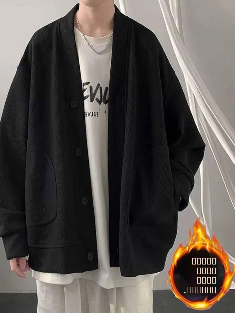 

Laid-ba Sle Knitted Fce Lined Thiened V-ne Cardigan Pure Bla Autumn Winter Jaet for Men Casual Loose Fit Polye...