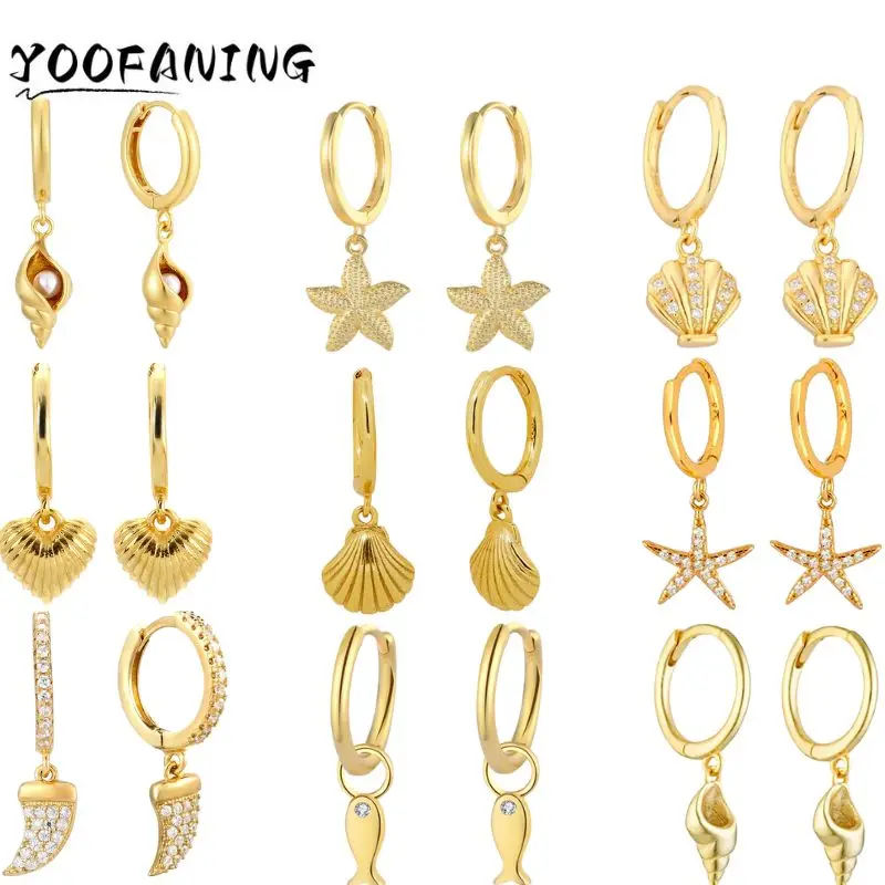 

Vintage gold earring 925 sterling Silver Ear Needle Shell/Conch/Starfish Pendant Hoop Earrings for women Fashion Wedding Jewelry