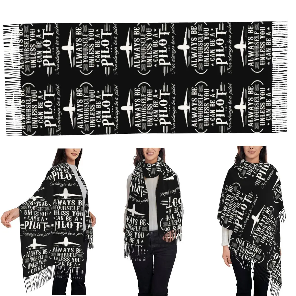 Born To Fly Captain Stripes Aviator Airplane Scarf Tassel Scarves for Women Soft Warm Shawls and Large Fall Winter Shawl Wraps
