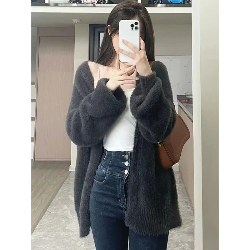 Soft Sticky Sweater Jacket, Women's Spring Autumn Lazy Style, High-End Feeg, Small Stature, Loose And Slim, Imitation Mink