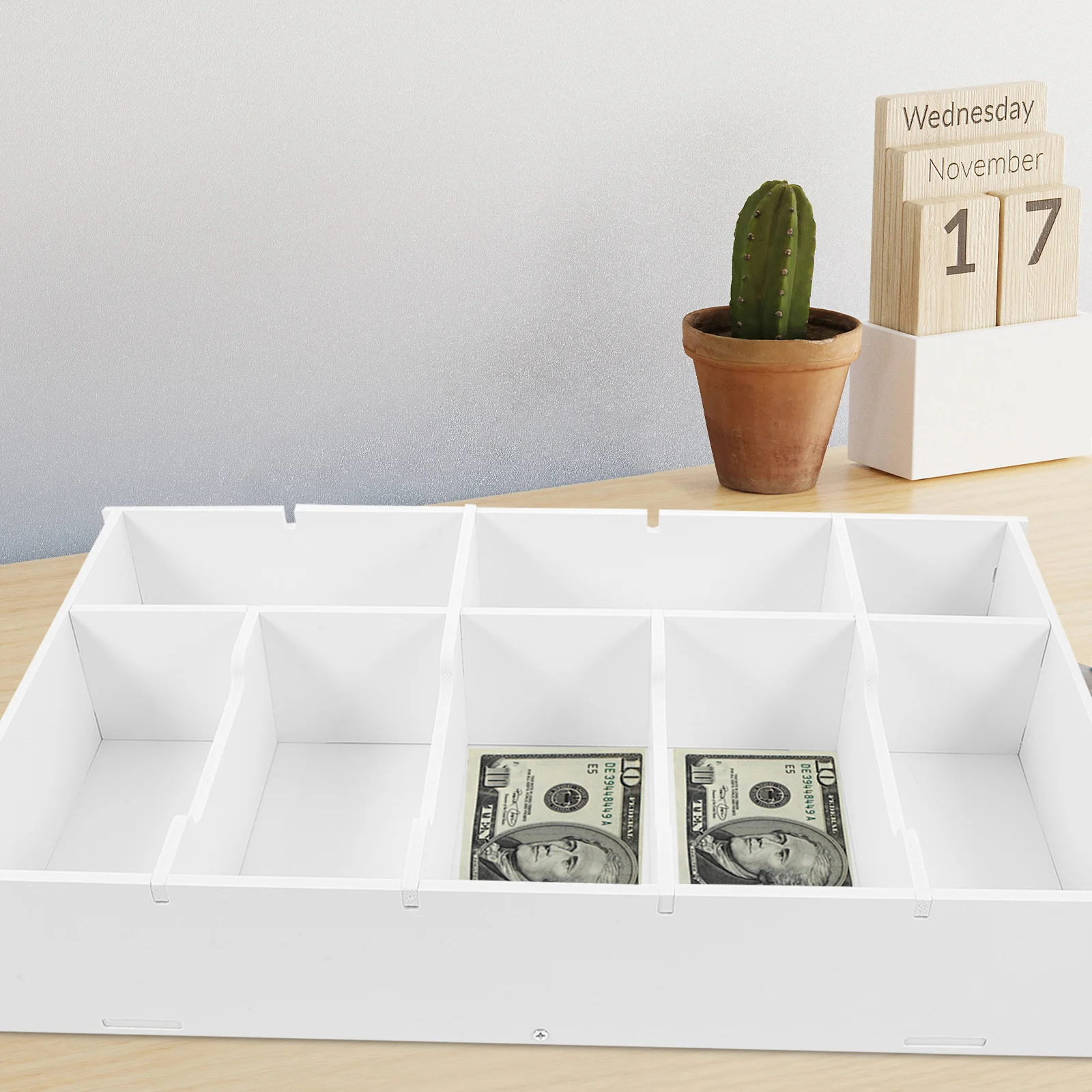 

Cash Drawer Coin Organizer Tray PVC Divider Box Cash Storage Organizer for Bills Currency Office Desk Use