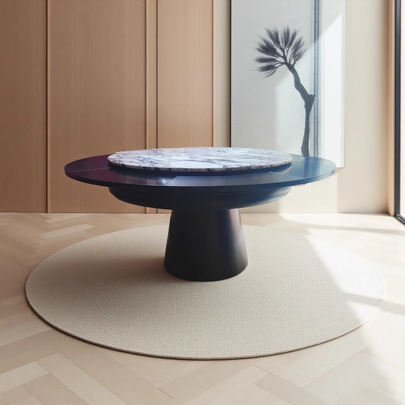 Retro Elegant Practical Wooden Tabletop Metal Base Turntable Expandable Dining Table Dining Room Restaurant