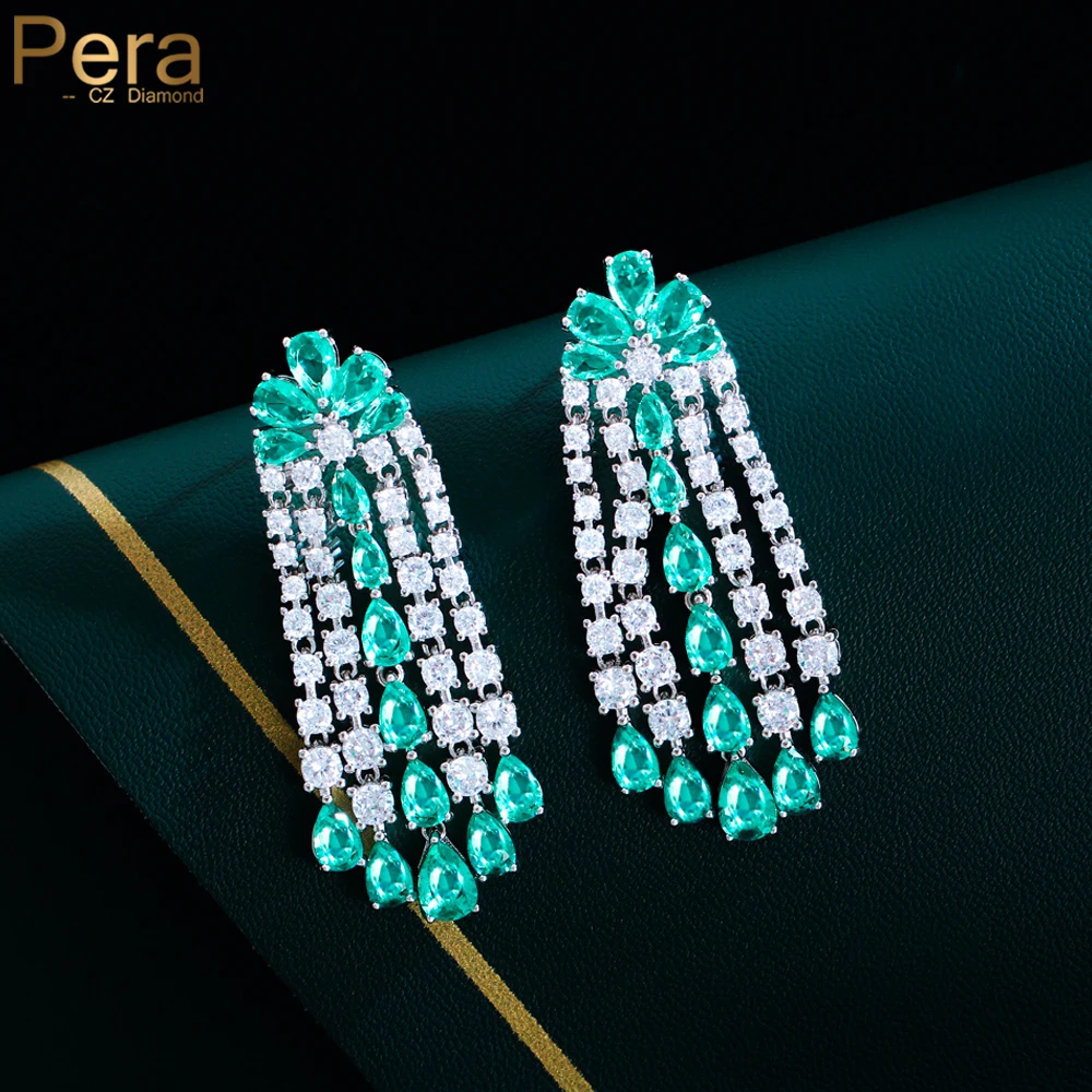 Pera Elegant Light Blue Cubic Zirconia Long Tassel Waterdrop Fringed Dangle Earrings Chirstmas Party Jewelry Gift for Women E860