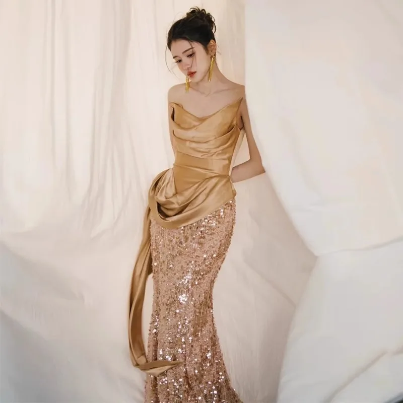 

Champagne Color Evening Gown 2025 New Style Slimming Fish Tail Wedding Dress for Banquet And Toast Traditional Chinese Low Waist