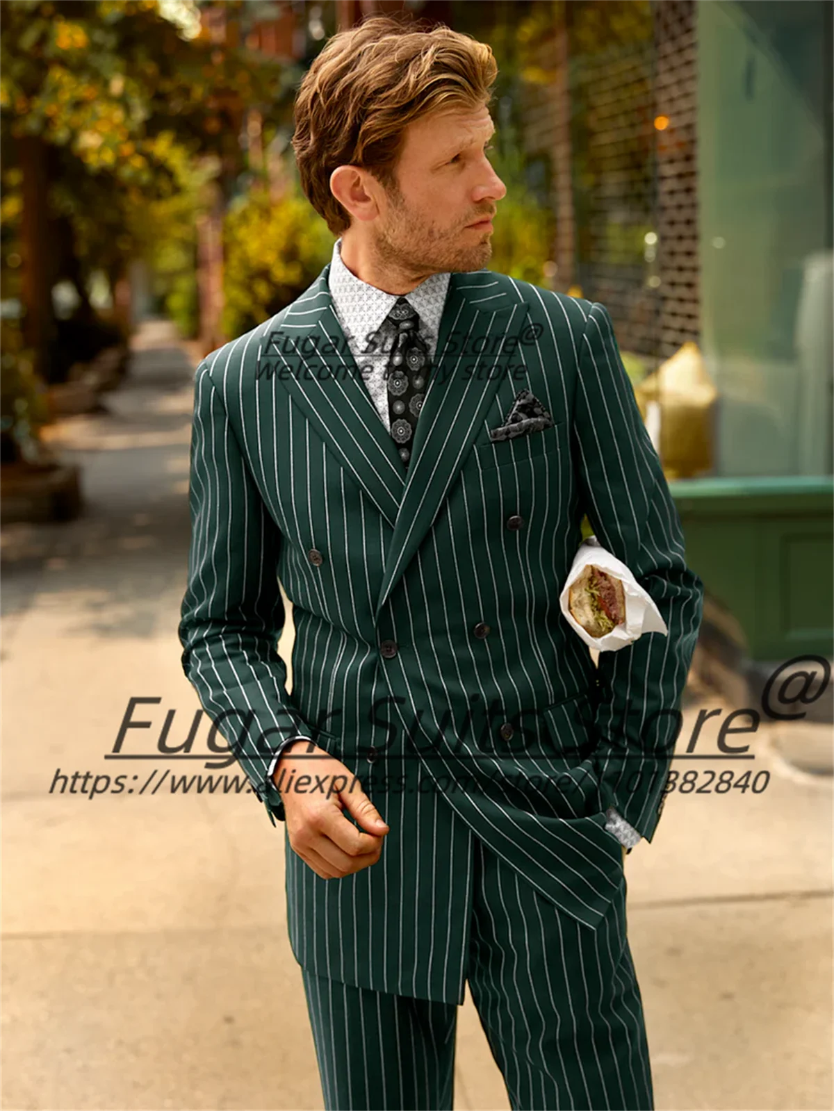 

Business Green Stripe Formal Men Suits Customized Slim Fit Double Breasted Groom Tuxedos 2Pcs Sets Male Prom Blazers Ropa Hombre
