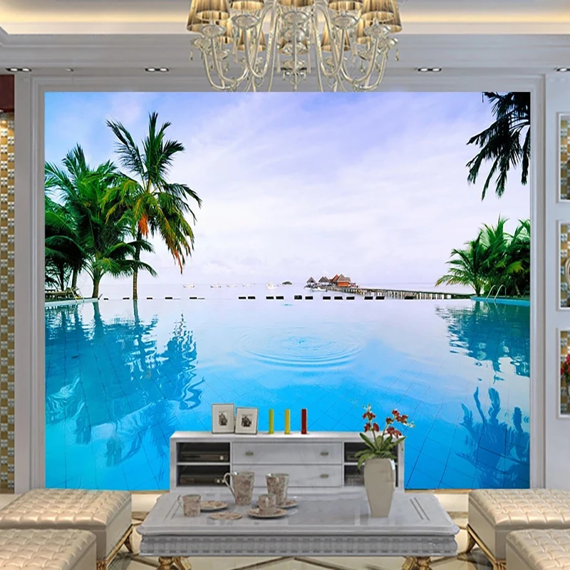 Coconut Kingdom Creative Water House Mural Wallpaper Creative Blue Pool Ocean View Photo Wall Mura TV Sofa Decor Papel De Parede