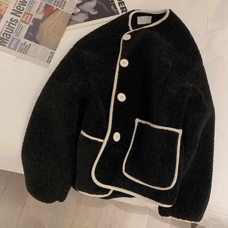 

Khaki Black Round Neck Lamb Fleece Coat Women's Spring Autumn New Korean Loose Small Lamb Fleece Single Breasted Style Top