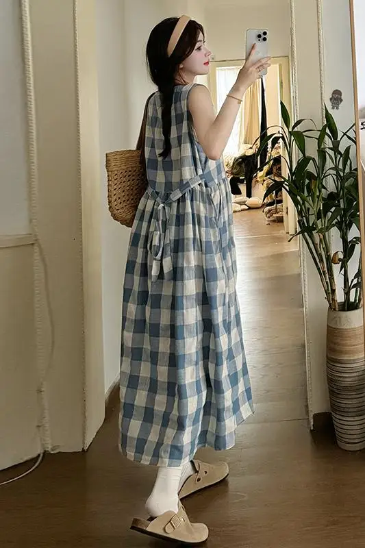 Summer Fashion Cotton Plaid Maternity Long Dress Sleeveless Loose Straight Clothes for Pregnant Women 24ss Y2k Youth Baby Shower