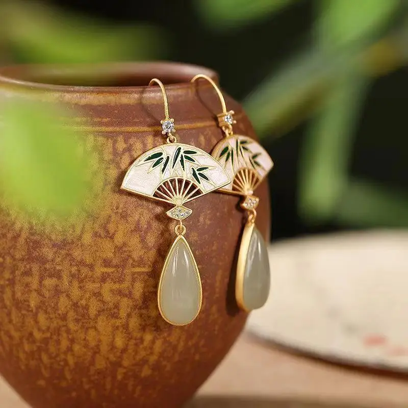 Chinese Style Hanfu Cheongsam Accessory Bamboo Pattern Fan Shape Dangle Earrings Green Jade Teardrop Rhinestone Vintage Elegant