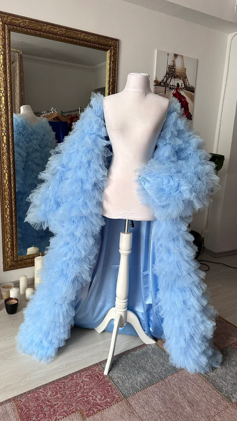 Fluffy Baby Sky Blue Full Sleeves Jacket Tulle Dress Ruffled Layered Prom Gowns Lush Jackets Maxi Dresses for Women Photoshoot