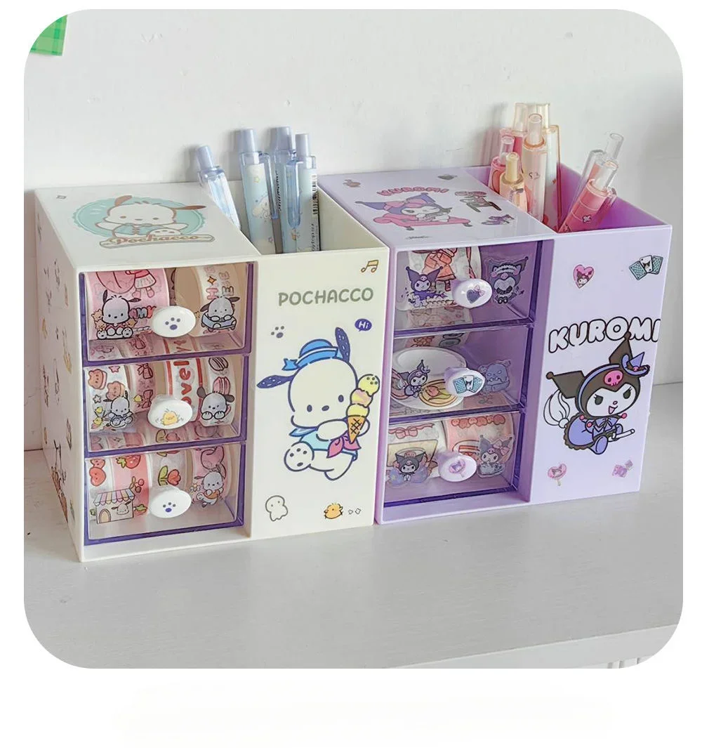 Sanrios My Melody Storage Box Kuromi Cinnamoroll Pochacco Pen Holder Drawer Organizer Box Anime Kawaii Mini Jewelry Cabinet Gift