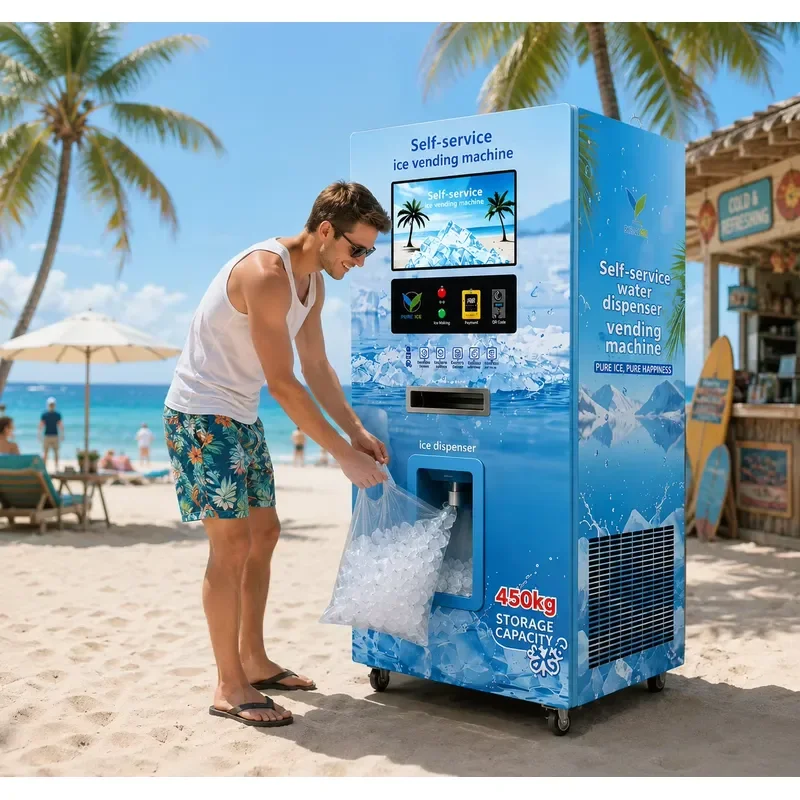 Coin Operated Ice Vending Machine Automatic 24/7 Smart Payment Multiple Options Remote Monitoring for Campground OEM
