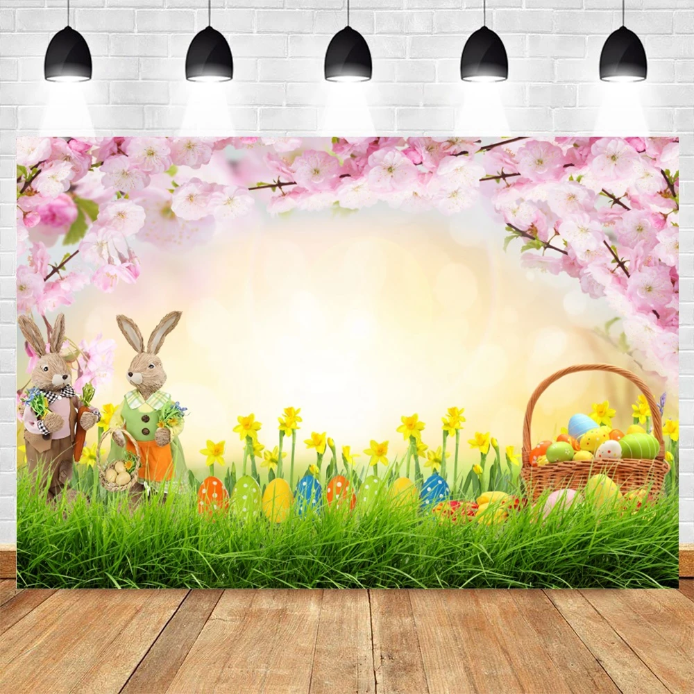 Spring Easter Backdrop Rabbits Eggs Grass Flowers Garden Fence Newborn Baby Shower Kids Birthday Party Photography Background