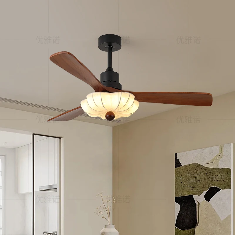 Medieval Fan Light Walnut Plum Blossom Fabric Restaurant Electric Fan Chandelier French Retro Ceiling Fan Light