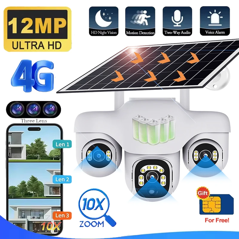 

Triple Lens 4G Cameras With Solar Panel 12MP Outdoor CCTV Surveillance Monitor PIR Human Detection Night Vision Built in Battery