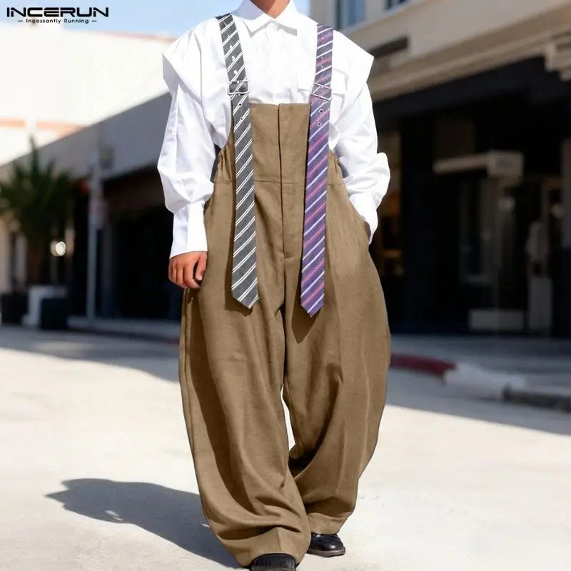 INCERUN Men Jumpsuits Striped Patchwork Sleeveless Casual Straps Rompers Men Streetwear Baggy 2026 Male Wide Leg Overalls Pants