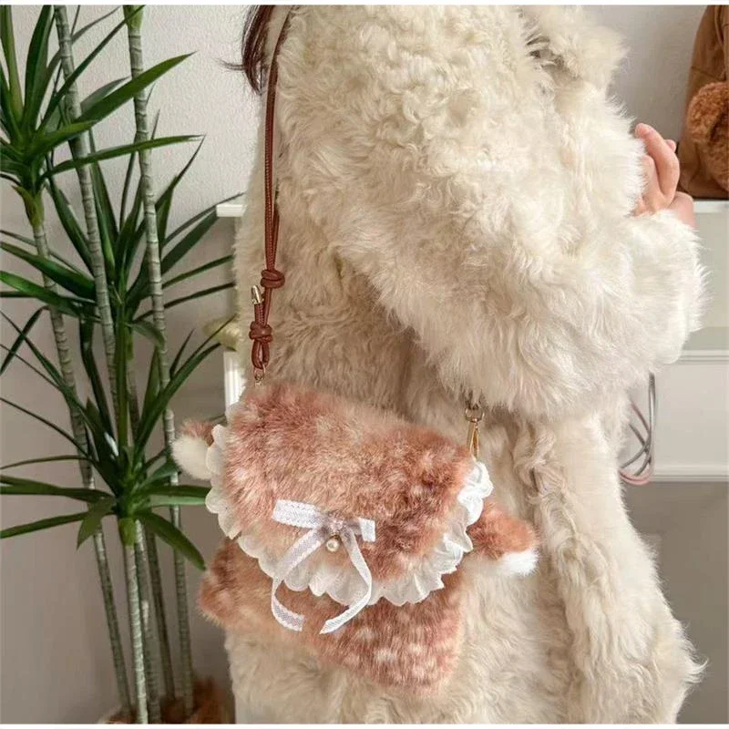 Japanische Hirsch gefleckte Band Plüsch Unterarm Umhängetasche, Mori Girl Elch flauschige Frauen Geldbörse, Winter süße Woodland Fairycore Handtasche – Detail 34