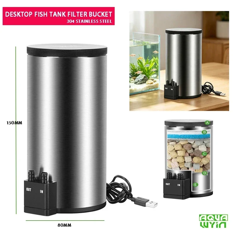 WYIN Desktop-Aquarium-Wasserfilterbehälter aus Edelstahl mit USB-Schnittstelle, Aquarium-Umwälzpumpe für Fischbecken