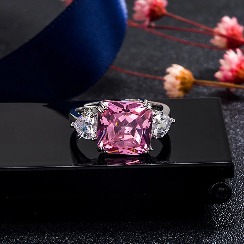 HuiSept Fashion Ring Silver 925 Jewelry with Pink Zircon Gemstone Finger Rings for Women Wedding Party Promise Gift Accessories