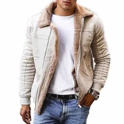 Men Autumn Winter Coat Faux Leather Long Sleeve Solid Color Turndown Collar Zippers Casual Warm Comfortable Regular Standard Fit