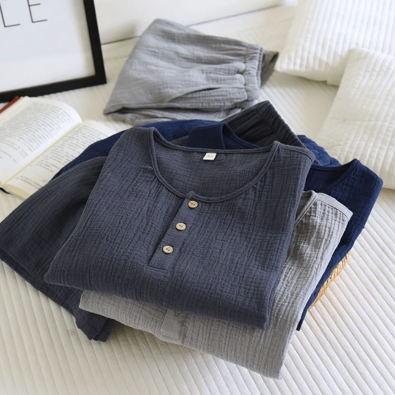 2026 Japanese New Summer Men's Pajama Set 100% Cotton Crepe Short Sleeve Shorts Round Neck Casual Home Clothes Two Piece Set