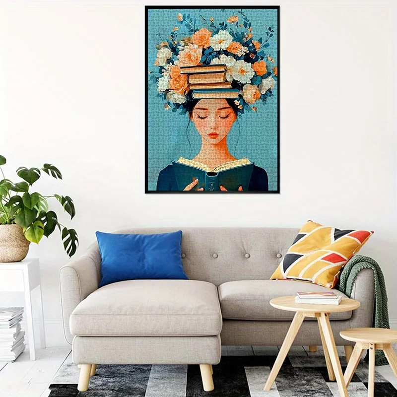 1000 Uds rompecabezas de papel DIY, chica de lectura, rompecabezas de flores y libros, rompecabezas para niñas, rompecabezas ilustrado, blanco de alta calidad