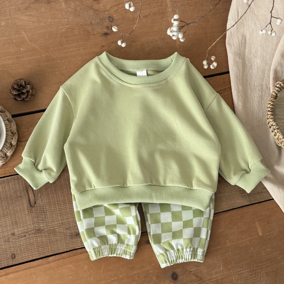 

Комплекты одежды для мальчиков: весенний хлопковый повседневный спортивный костюм из 2 предметов для девочек, однотонный топ + брюки в клетку, 1-3 года