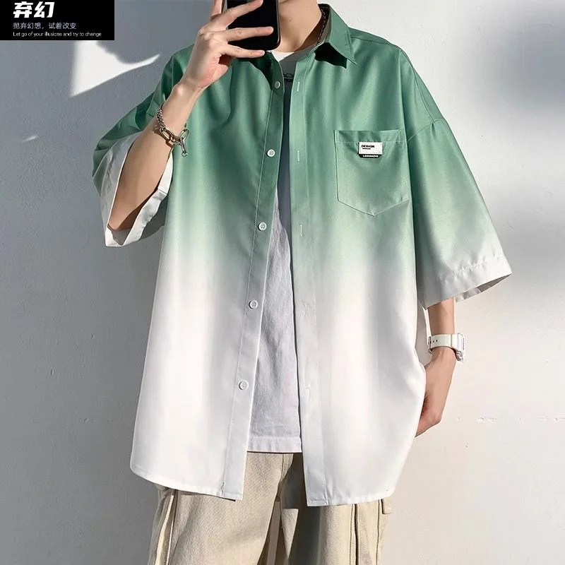 

Gradient short -sleeved shirt Men's summer thin loose casual boys five -point sleeve high street shirt jacket