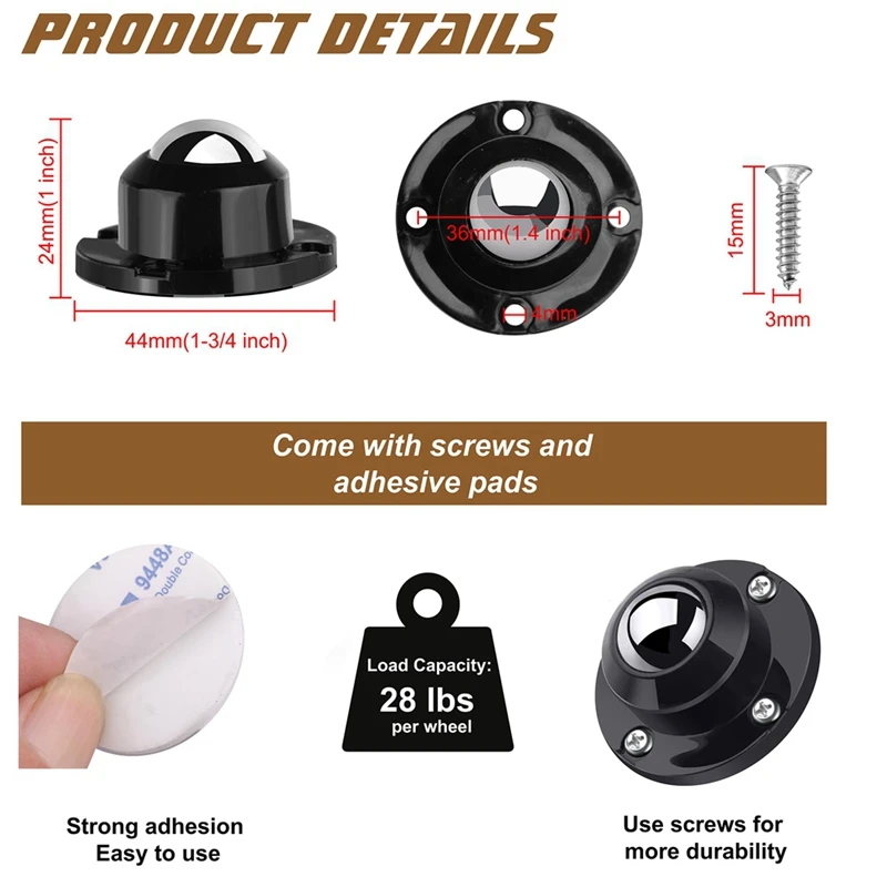4 Piece 1 Inch Self Adhesive Caster Wheels For Furniture Black Plastic+Steel Ball For Small Appliance Storage Bins